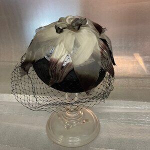 1950's Black Fascinator with Veil and Fabric Petal Embellishments